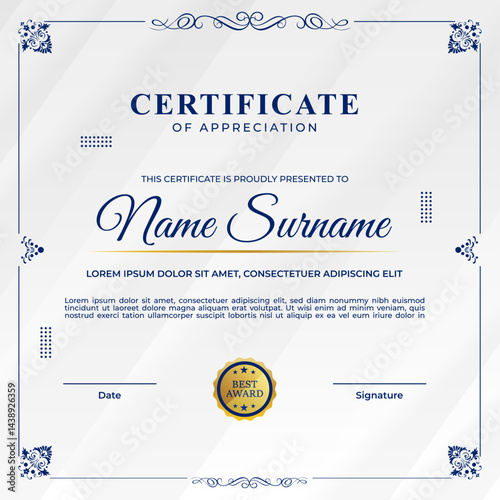 Professional certificate of appreciation template, designed for employee recognition, academic awards and achievement ceremonies, featuring customizable name fields and border design