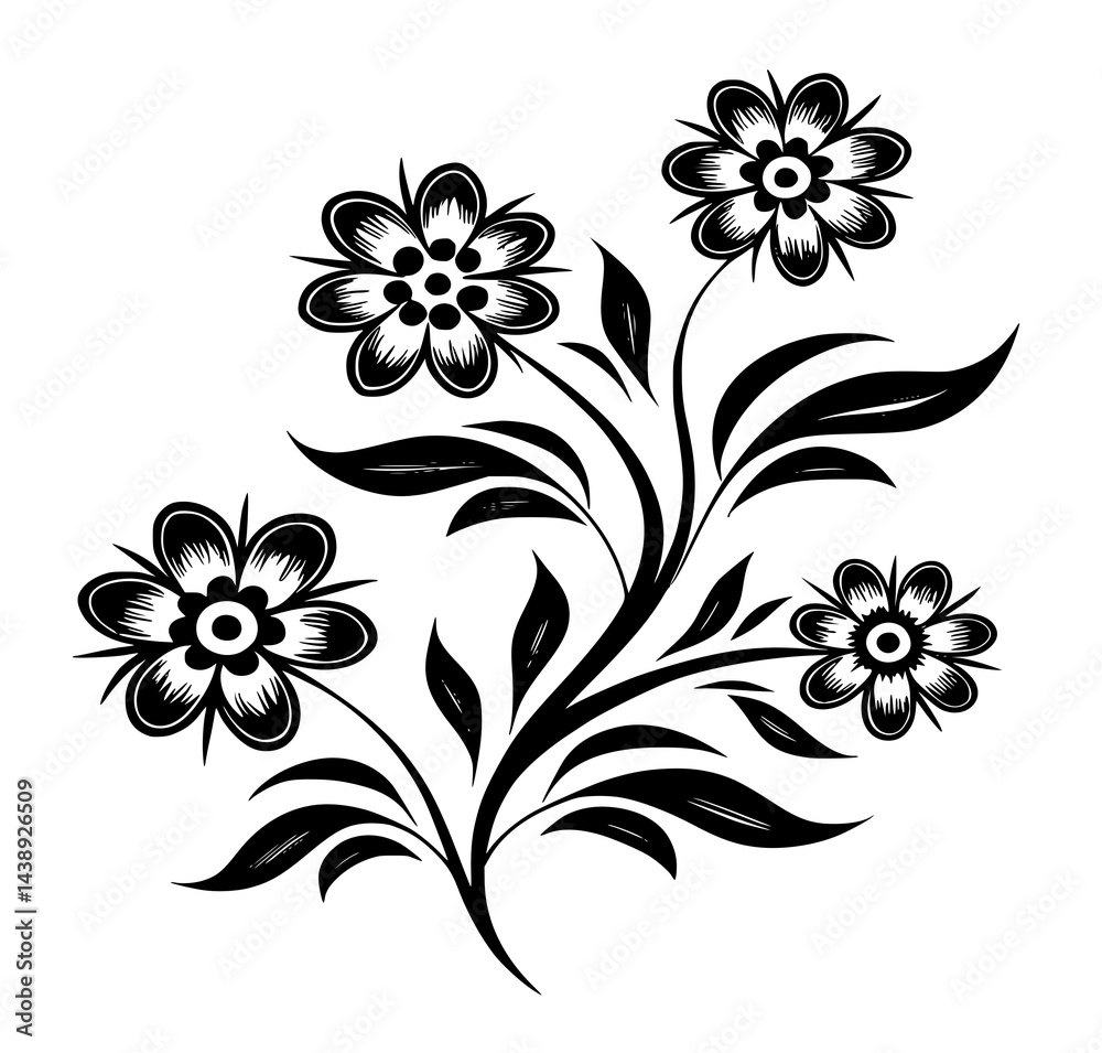 Classic Black and White Illustration of a Stylized Flower Arrangement with Detailed Petals and Curving Leaves Classic Black and White Illustration of a Stylized Flower Arrangement with Detailed Petals and Curving Leaves