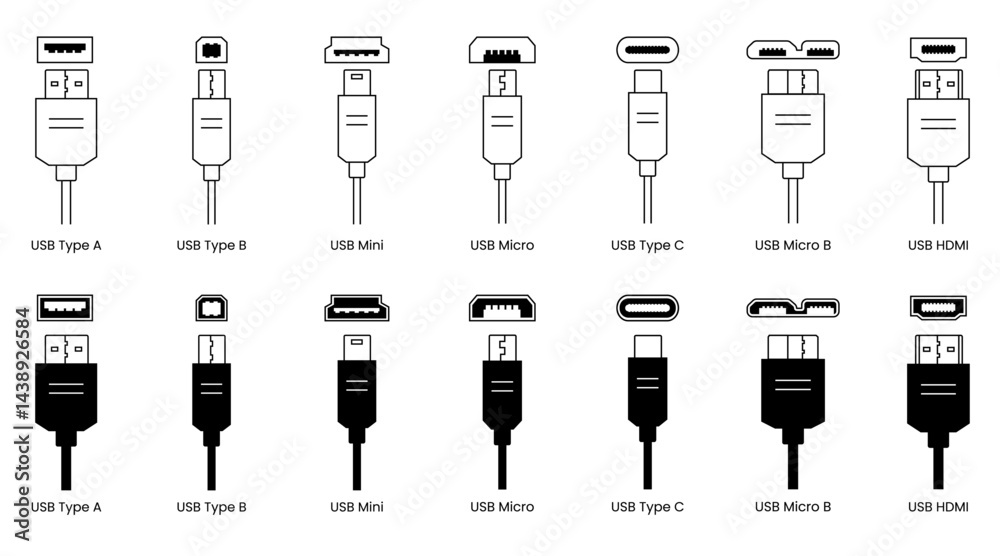 USB and HDMI Icon Set featuring Type A, Type B, Mini, Micro, Type C and Micro B connectors in clean vector format for tech projects, device interfaces and digital presentations