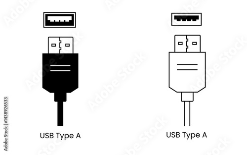 Classic USB Type A standard connector vector icon set featuring high-quality technical illustrations perfect for computer peripherals, flash drives, traditional devices, hardware documentation