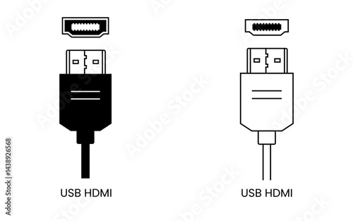 HDMI and USB Connection Icons in precise vector format designed for technology specifications, electronic device interfaces, AV equipment manuals and digital presentation material and standard USB
