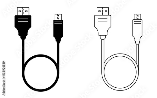 USB and Charging Cable Icon Set, Minimalist Black and White Vector Icons for Data Transfer and Power Connection, Including Type A, Type C and Micro USB Connectors for Tech UI and Infographics