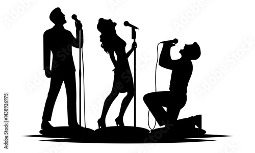 Silhouette illustration of three singers performing with microphones on stage, male and female vocalists in dramatic singing poses, music concert, live performance vector art entertainment show