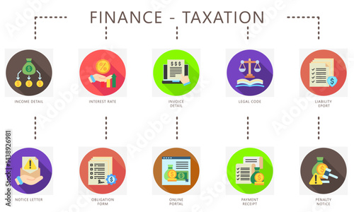 Taxation rounded flat color icons set. Contain income, interest rate, invoice, liability, notice, obligation, payment receipt and more. Vector for UI, UX kit, digital, print, web and app development.