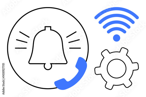 Bell with sound lines, phone icon, wireless signal, and gear symbolizing alerts, phone calls, wireless communication, and settings. Ideal for technology, notifications connectivity troubleshooting