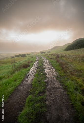 Obraz na płótnie Light Breaks Through Fog Over Muddy Trail In Channel Islands w salonie