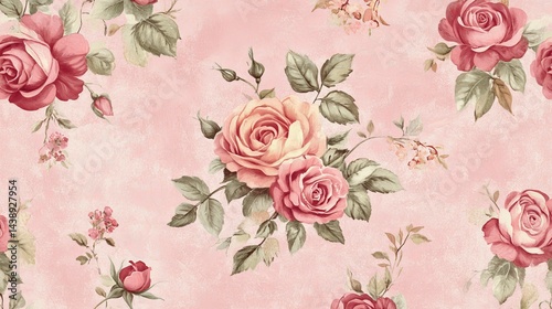 Wallpaper Mural A delicate floral pattern featuring pink roses and green leaves on a soft pink background, vintage style Torontodigital.ca