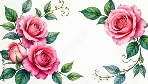 Intricate watercolor roses, lush leaves, swirling vines, purple, red, summer