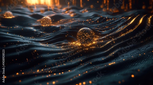 Close-Up of a Single Artificial Cell Designed to Mimic Natural Structures Surrounded by Luminous Particles and Waves of Light