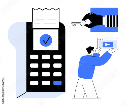 Payment terminal with a receipt, hand holding a key for access, and person presenting video on tablet. Ideal for finance, technology, security, e-commerce, media, innovation simple landing page