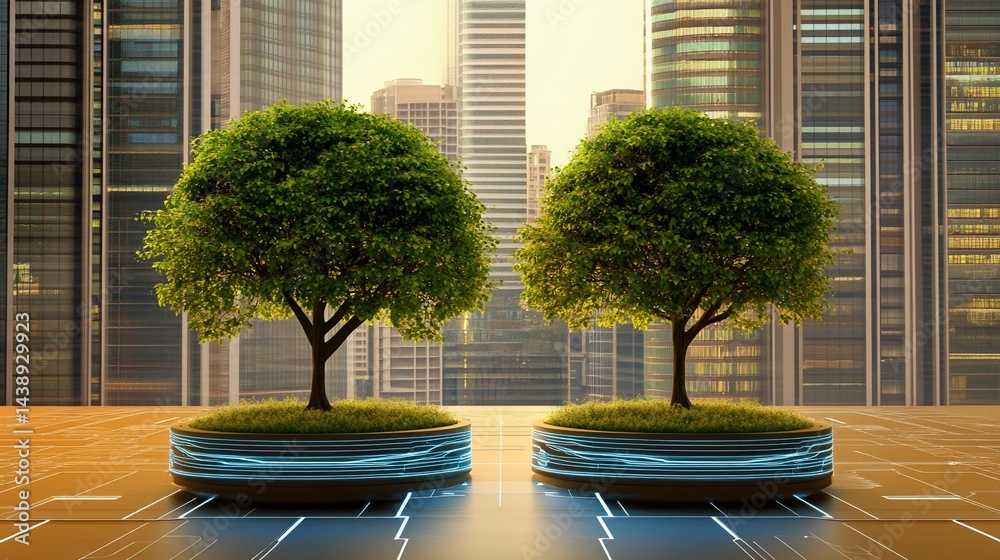 Two trees on platforms with city backdrop, symbolizing eco-urban integration