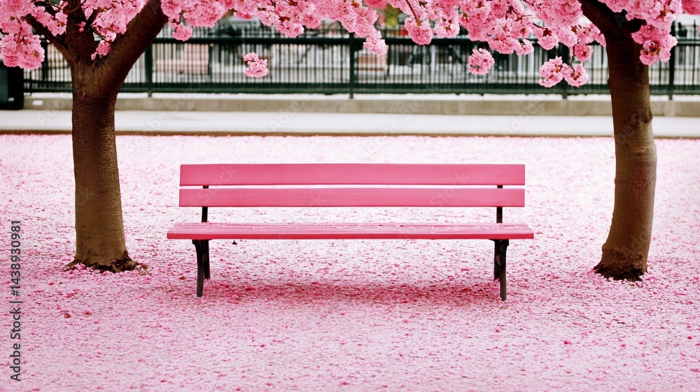 Pink bench beneath cherry blossoms