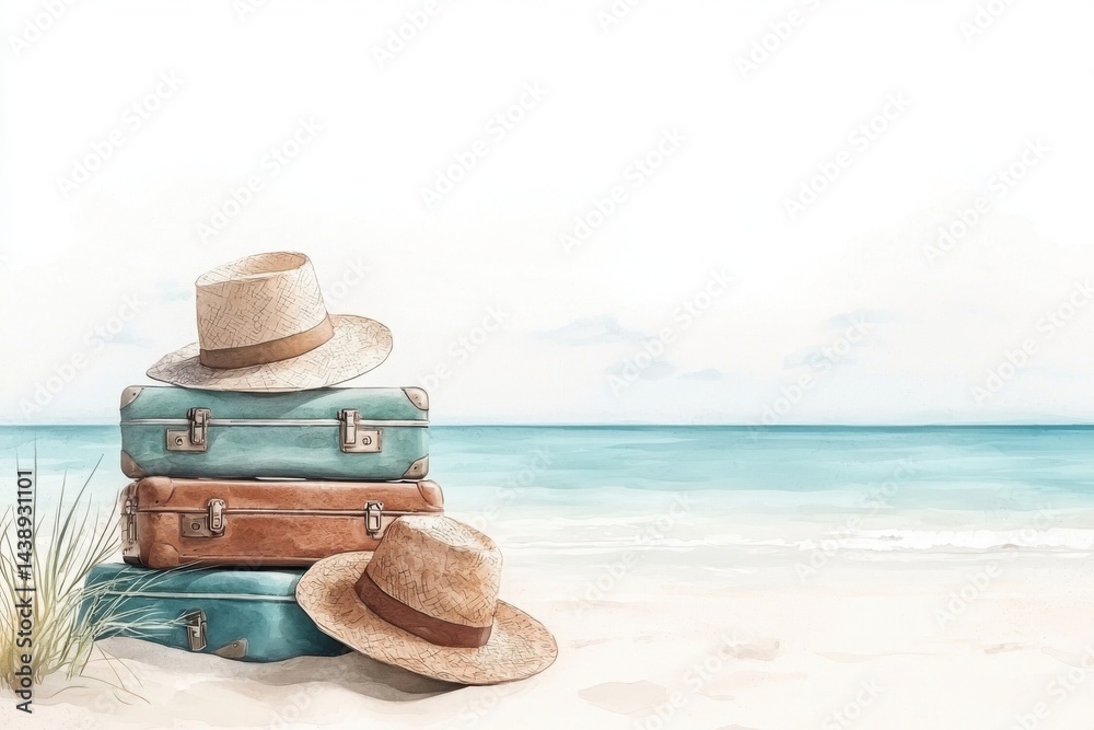 A serene beach scene featuring stacked vintage suitcases and straw hats, evoking a sense of travel and relaxation by the ocean.