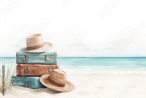 Obraz na płótnie A serene beach scene featuring stacked vintage suitcases and straw hats, evoking a sense of travel and relaxation by the ocean. w salonie