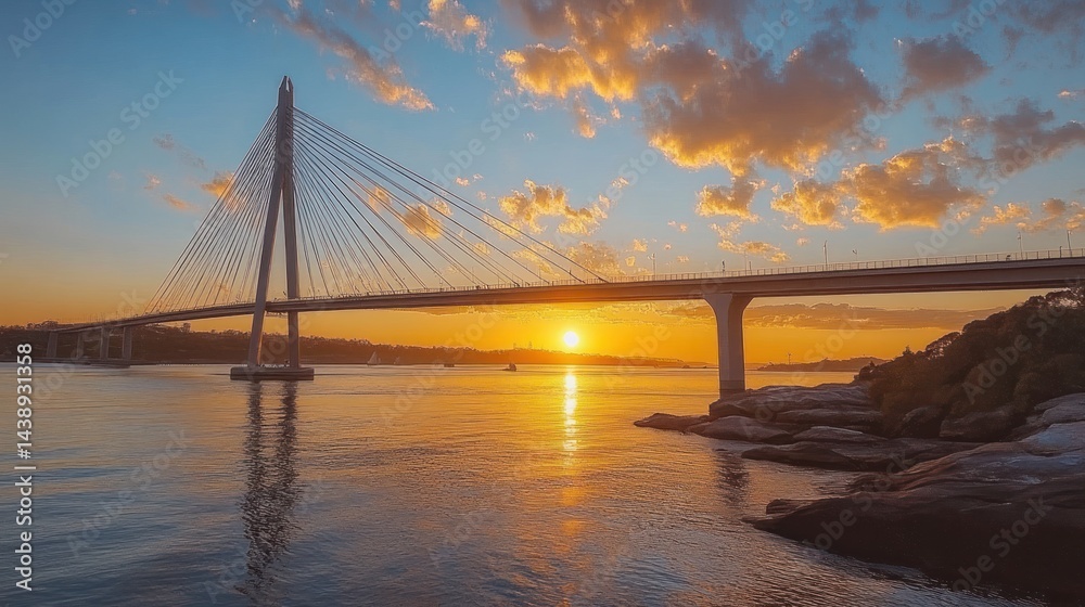 Fototapeta premium Sunset view of a cable-stayed bridge over water.