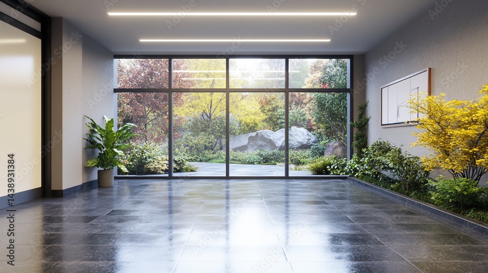 Modern lobby with large windows showcasing a serene autumnal garden