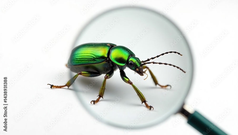Naklejka premium Magnified image of a green beetle isolated on white, simple, texture