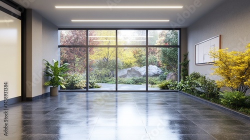 Obraz na płótnie Modern lobby with large windows showcasing a serene autumnal garden w salonie