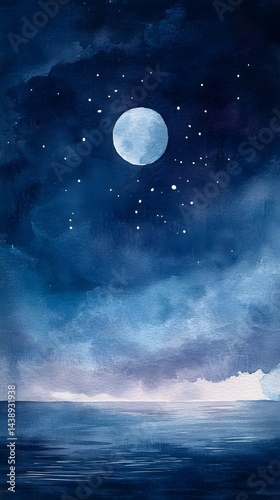 Serene Watercolor Night Sky with Glowing Moon and Stars