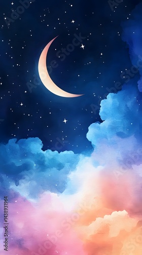 Soft Watercolor Night Sky with Glowing Moon and Dreamy Clouds