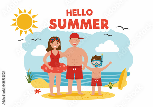 Happy family enjoying their summer holiday vacation at the beach with a surfboard and snorkeling gear. Flat illustration style with bright, cheerful colors