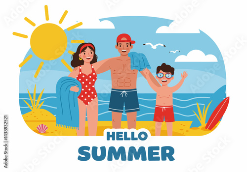 Happy family enjoying their summer holiday vacation at the beach with a surfboard and snorkeling gear. Flat illustration style with bright, cheerful colors