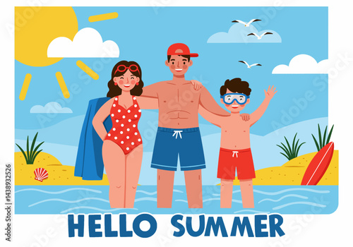 Happy family enjoying their summer holiday vacation at the beach with a surfboard and snorkeling gear. Flat illustration style with bright, cheerful colors