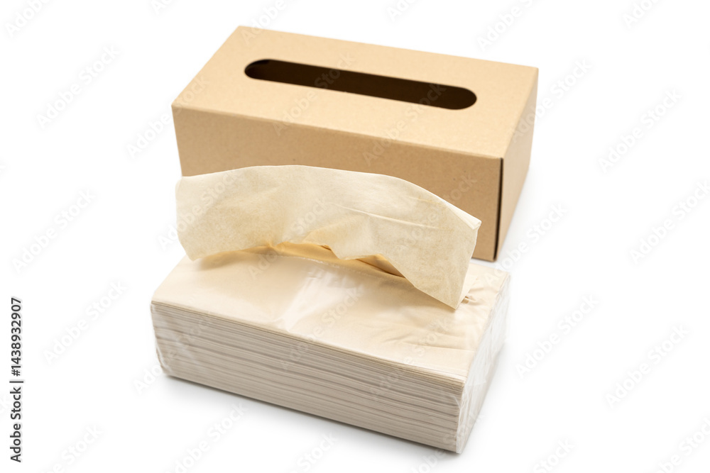 Brown tissue paper box isolated on white background with brown TISSUE PAPER pack.