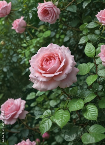Delicate pink rose encircled by vibrant green foliage; perfect blank center , design, nature, element