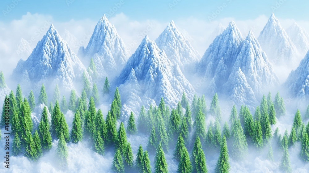 Snowy mountain range peaks above forest, partially obscured by clouds