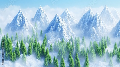 Obraz na płótnie Snowy mountain range peaks above forest, partially obscured by clouds w salonie