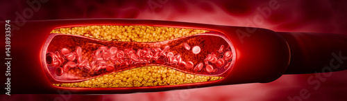 Blocked artery filled with accumulation of fat, cholesterol plaques, blood clots, unhealthy foods, and sugary beverages, illustrating risks of heart disease, stroke, and vascular damage. 3D rendering.