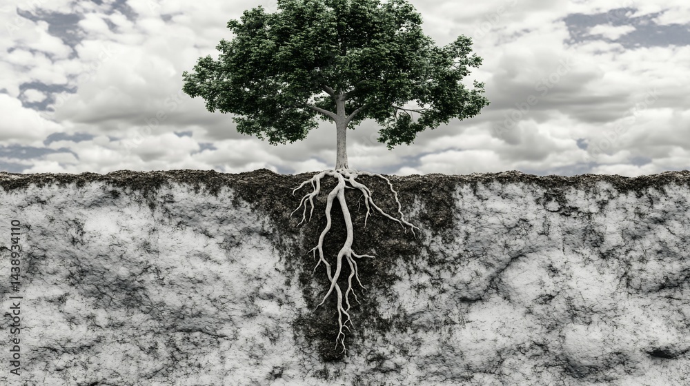 A lone tree thrives, roots exposed, contrasting fertile soil with barren rock beneath