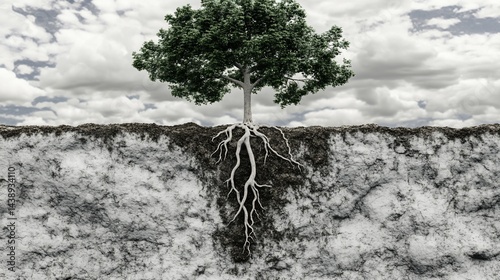 Obraz na płótnie A lone tree thrives, roots exposed, contrasting fertile soil with barren rock beneath w salonie