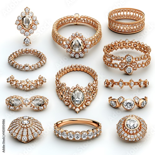 Elegant Diamond Jewelry Set With Gold Detailing On White Background High Resolution Image