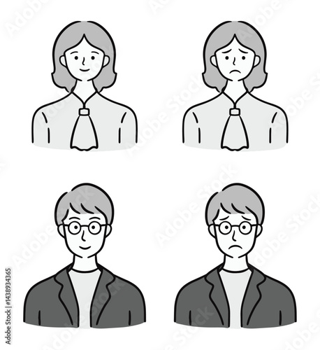 人のイラスト 30代男女(ビジネス スーツ 仕事 オフィス ベクターイラスト 編集可能 困り顔 笑顔)