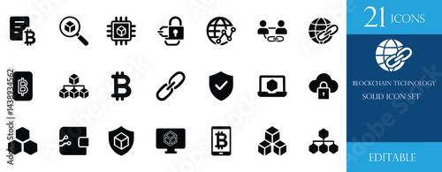 A clean and professional solid black icon set based on blockchain technology, cryptocurrency, security, bitcoin, data protection, and digital transactions. Perfect for web and apps