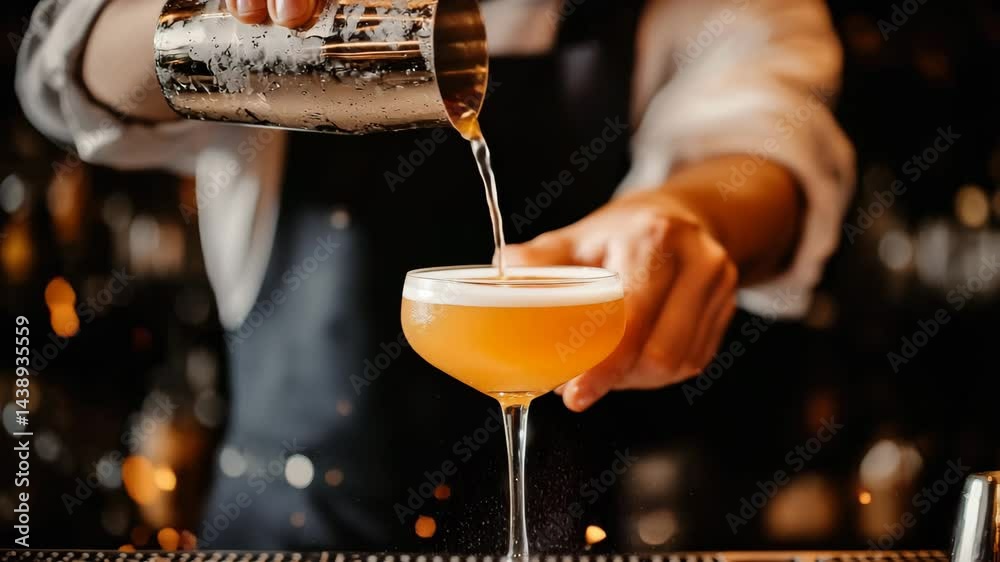 Bartender pouring fresh orange cocktail into elegant coupe glass, creating vibrant drink with smooth foam bar, showcasing mixology skills, alcohol beverage, festive atmosphere, orange splash