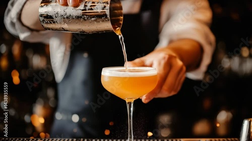 Bartender pouring fresh orange cocktail into elegant coupe glass, creating vibrant drink with smooth foam bar, showcasing mixology skills, alcohol beverage, festive atmosphere, orange splash