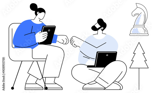 Two individuals sit with tablet and laptop, bumping fists in agreement, next to a chess knight and tree icon. Ideal for teamwork, strategy, collaboration, technology, success, partnership planning