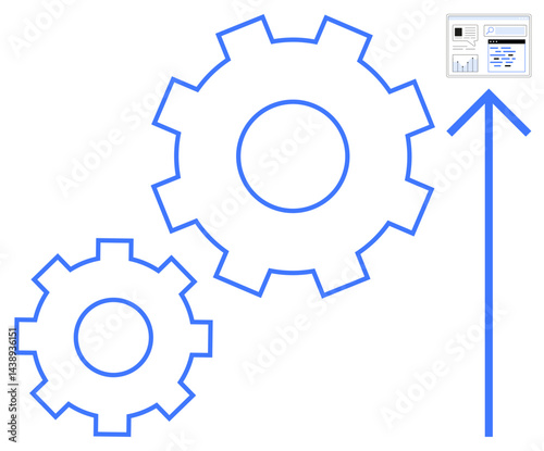 Two interconnected blue gear outlines with an upward arrow pointing to a chart. Ideal for innovation, teamwork, strategy, progress, development, production, simple landing page