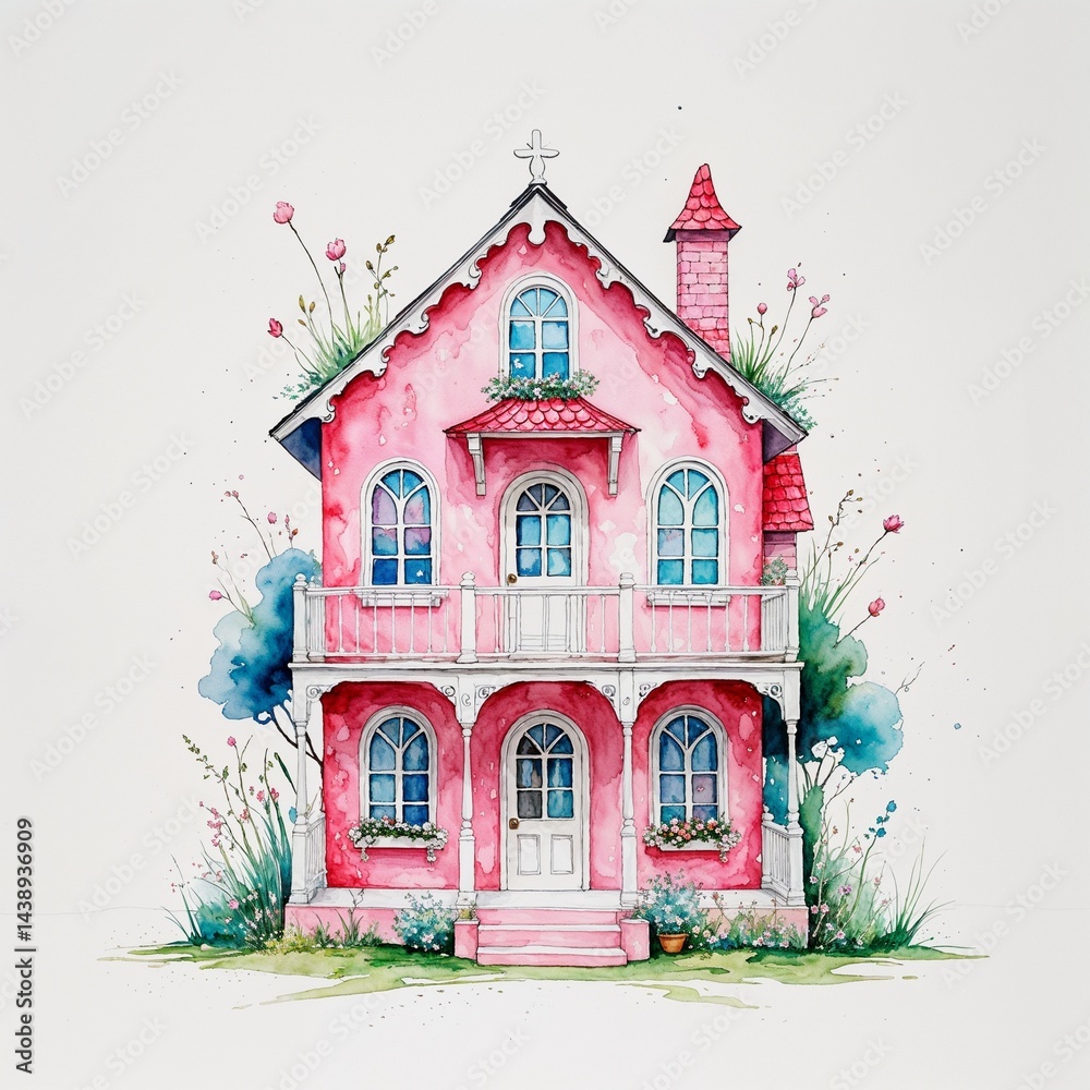 Fototapeta premium Pink dollhouse watercolor art painting design on plain white background illustration
