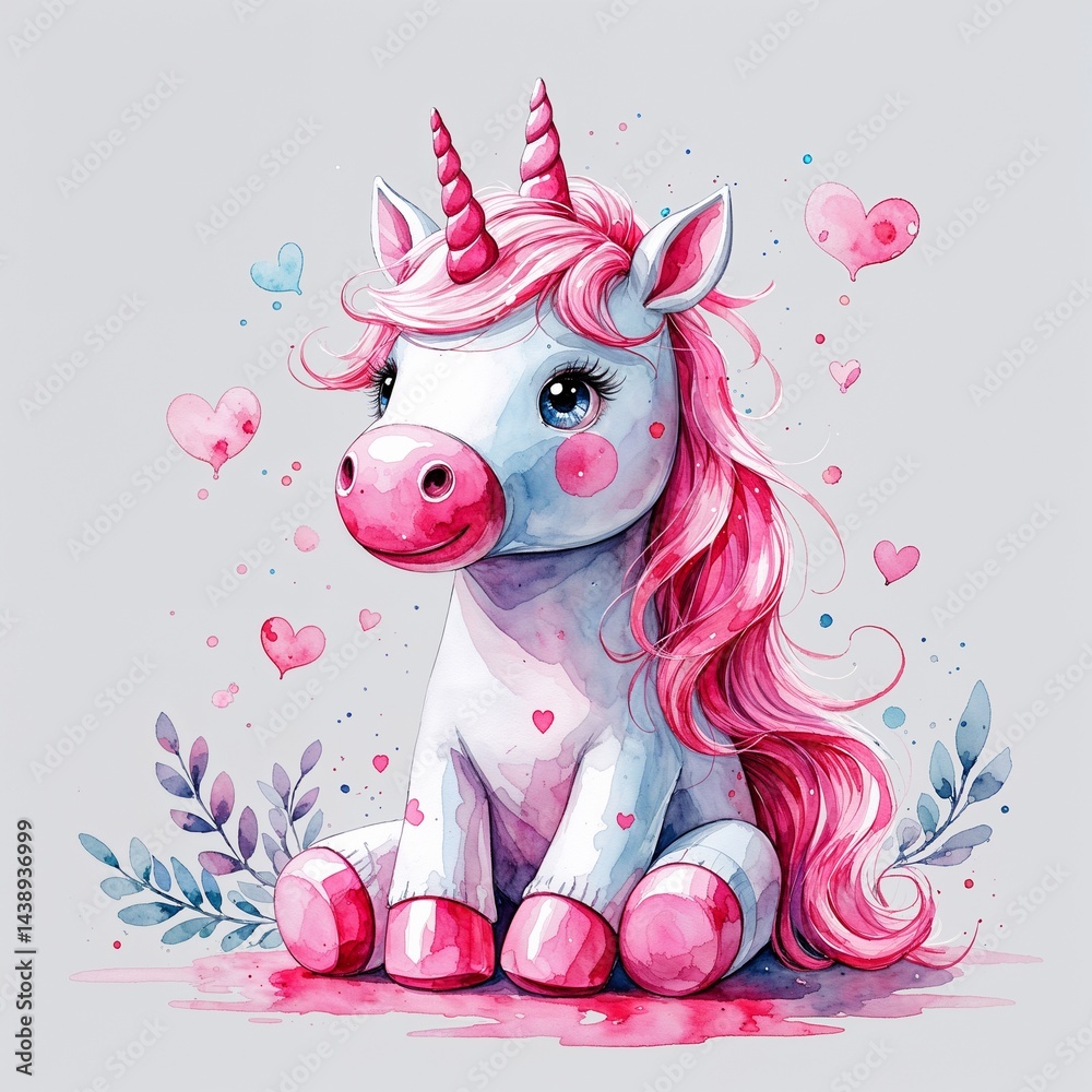 Fototapeta premium Pink unicorn stuff toy watercolor art painting design on plain white background illustration