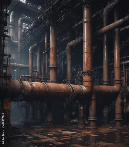 Dark, rusty factory; leaking pipes, aged machinery,  atmospheric,  environment,  forgotten