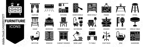 Furniture icon set. Vector illustration concept with icon of curtain ,kitchen, stool, cabinet drawer, bedroom ,bathroom, bathtub, and chair icons and more. Solid black color symbol background.