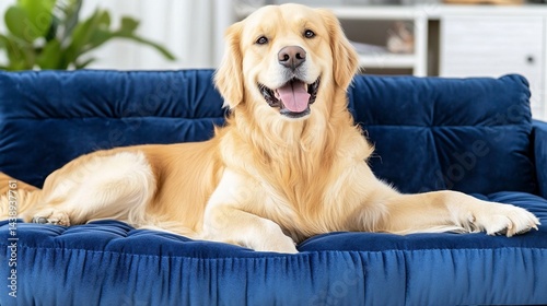 Golden Retriever on a plush blue couch