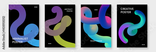 Four posters feature abstract colorful 3D shapes. Perfect for modern interiors, digital design projects, or vibrant wall decorations.