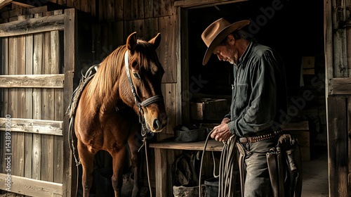 Cowboy tending to a horse inside a wooden barn in warm light.