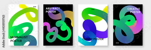 Four posters featuring vibrant abstract shapes; perfect for eyecatching wall decor in modern interiors or promotional materials for events.