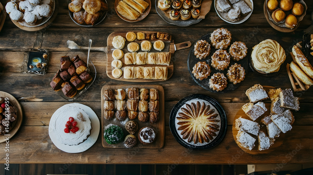 Fototapeta premium Assorted pastries and desserts arranged on a wooden table top view.